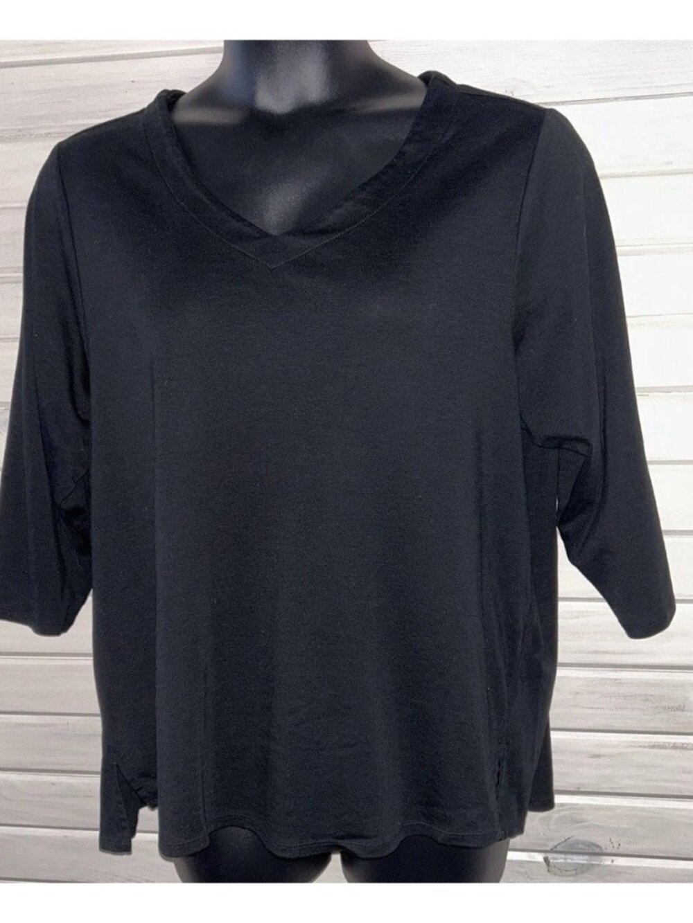J Jill Sz PLUS 2X Black Pima Cotton 3/4 Sleeve V-Neck Top Tee Tunic Shirt EUC